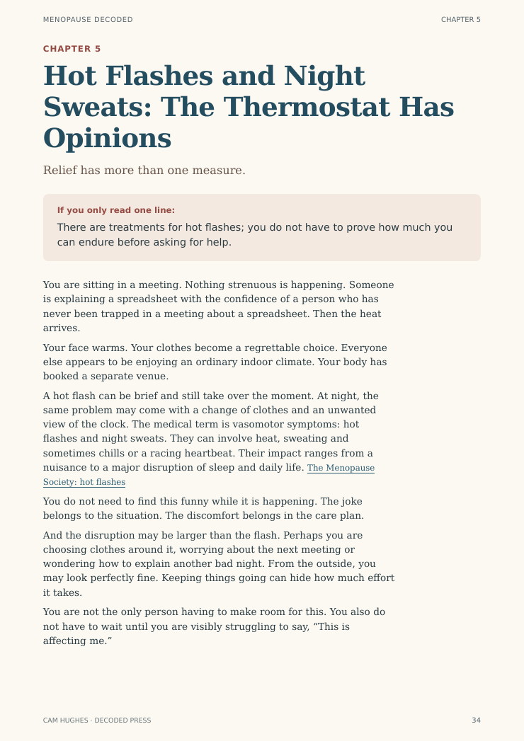 An original page from the Hot Flashes and Night Sweats chapter of Menopause Decoded